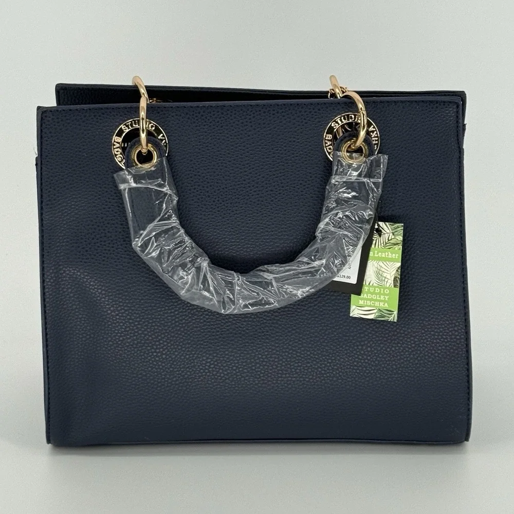 Studio Badgley Mischka‎ Navy Vegan Leather Satchel Bag Top Handle Charm $129